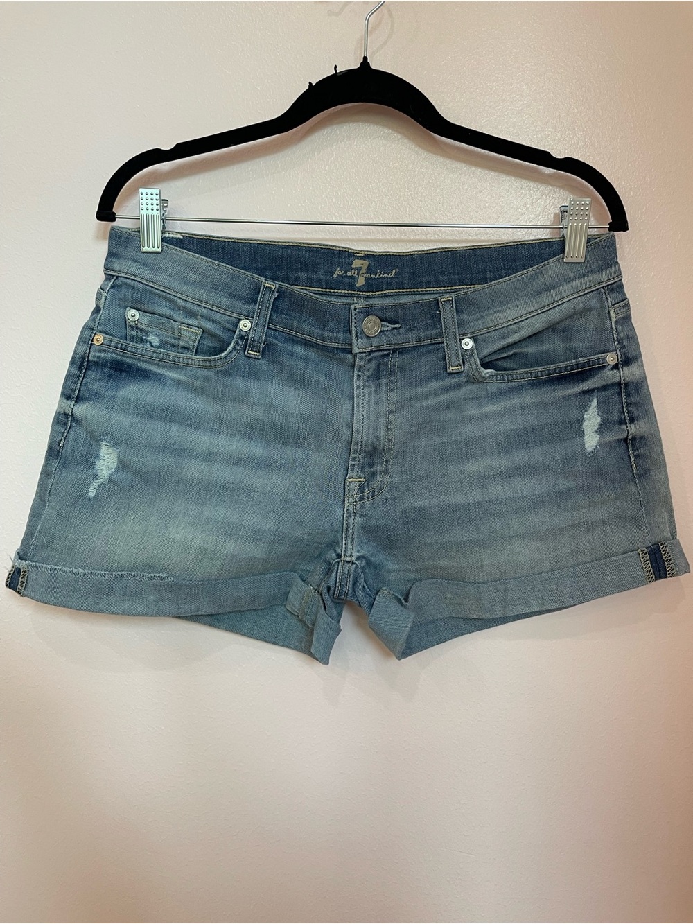 7 For All Mankind Light Blue Rolled Hem Denim‎ Shorts